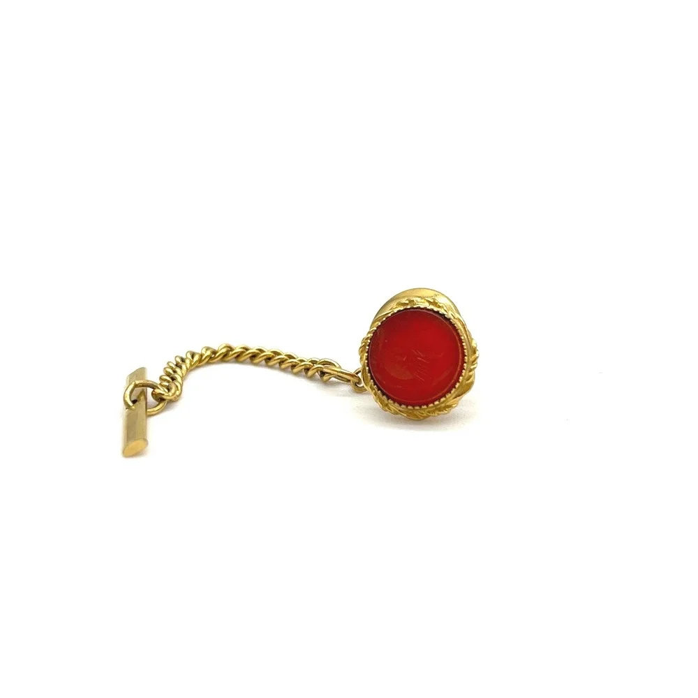 Vintage Gold Tone Red Intaglio Spartan‎ Tie Tack with Chain and T-Bar Accessory